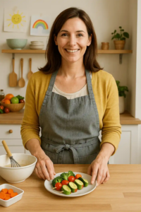Smiling young mom standing in a cozy kitchen, ready to cook a toddler-friendly meal
