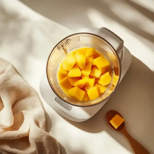  Blender filled with fresh mango chunks, ready to blend