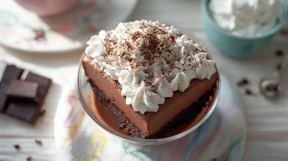 Ultra close-up of a rich chocolate mousse cake, one of the best gluten free desserts, topped with whipped cream and chocolate shavings, styled with playful kids’ elements.