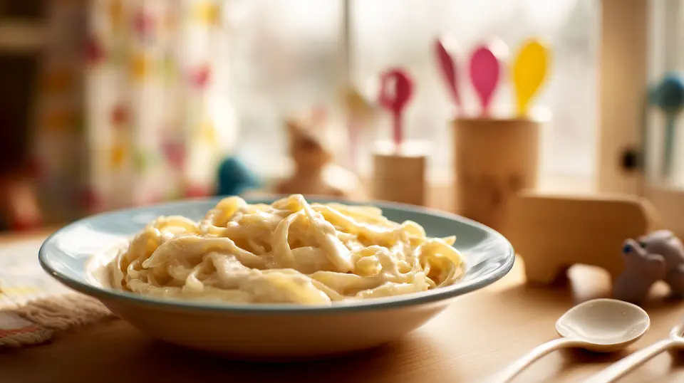 creamy gluten-free Alfredo sauce in a cozy kids’ kitchen setting