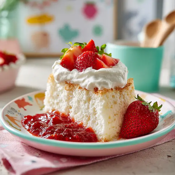 Slice of gluten-free angel food cake with whipped cream and strawberry jam for kids