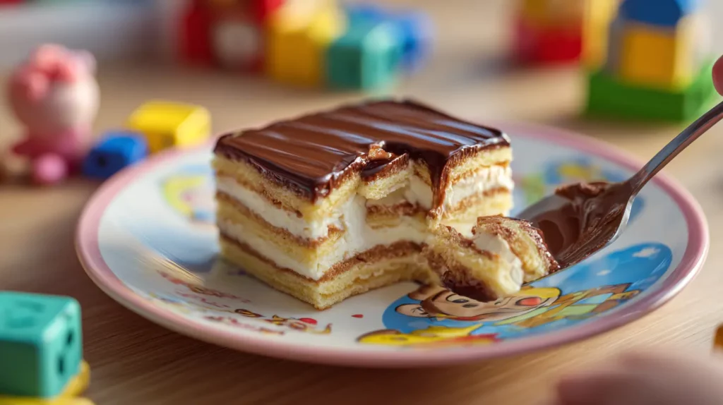 Gluten Free No Bake Chocolate Eclair Cake for Kids layered with cream, gluten free crackers, and chocolate ganache, perfect kid-friendly dessert for parties