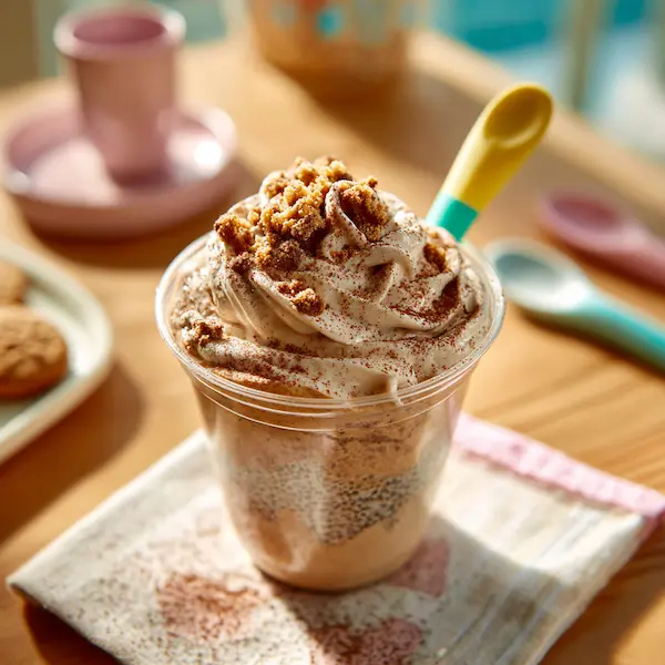 Gluten free tiramisu chia pudding served in a clear cup with whipped cream and cookie crumble, placed on a pastel napkin with a colorful spoon