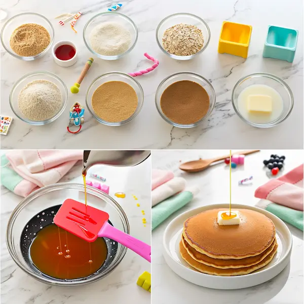 Step-by-step collage showing how to make fluffy gluten-free pancakes from a homemade pancake mix, from mixing dry ingredients to cooking golden pancakes