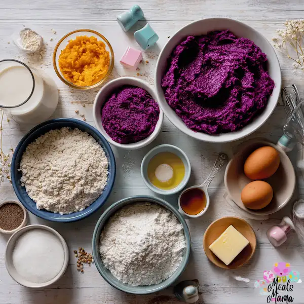 Bowls of mashed purple sweet potatoes, gluten-free flours, eggs, milk, and maple syrup arranged for a purple sweet potato recipe on a bright countertop with playful family details