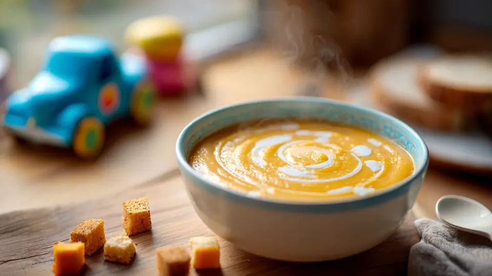 Creamy butternut squash soup for kids in a bright family kitchen with toys and warm light.