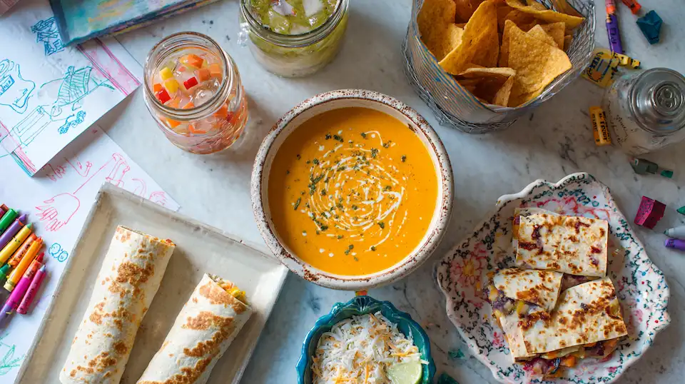 Healthy cheap after school snacks for kids – carrot soup, lime tortilla chips, potato enchiladas, yogurt bark, pickle de gallo on white kitchen counter