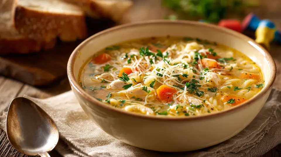 Bowl of Italian Penicillin Soup with chicken, vegetables, and pasta, comforting, kid-friendly family recipe.
