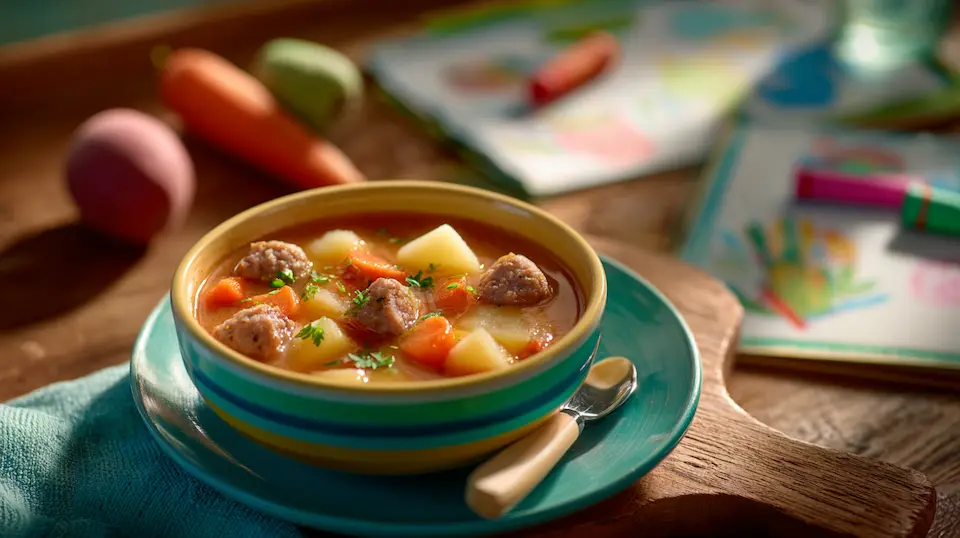 Creamy Italian sausage potato soup served in a rustic bowl with fresh herbs and bread.