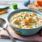 Creamy veggie pot pie soup served in a cozy bowl, surrounded by fresh vegetables, comforting vegetarian family dinner.