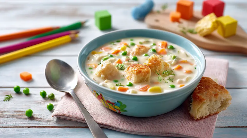 Creamy veggie pot pie soup served in a cozy bowl, surrounded by fresh vegetables, comforting vegetarian family dinner.