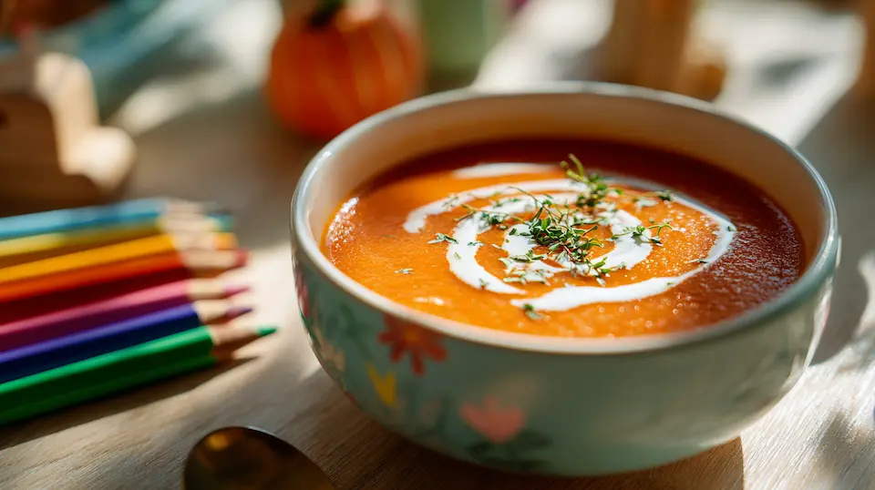 Healthy Tomato Soup for Kids served in a bright bowl with Greek yogurt swirl, surrounded by colored pencils, wooden toys, and a silver spoon, MealsMama style.