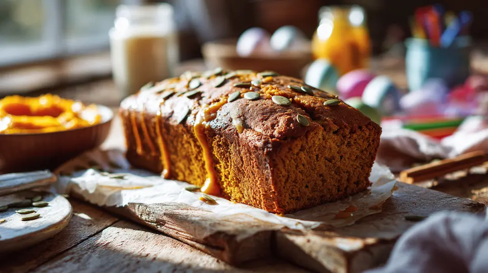 Mom and kids baking moist pumpkin bread together in a cozy fall kitchen.