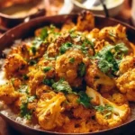 Kids stirring cauliflower florets with spices while preparing butter cauliflower together.