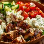 Kids helping prepare Greek chicken bowls by slicing vegetables and stirring sauce.