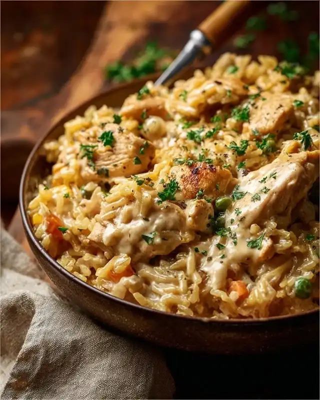 Creamy chicken and rice served in bowls for family dinner