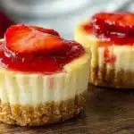 Mini strawberry cheesecakes with creamy filling topped with fresh berries for a family treat.