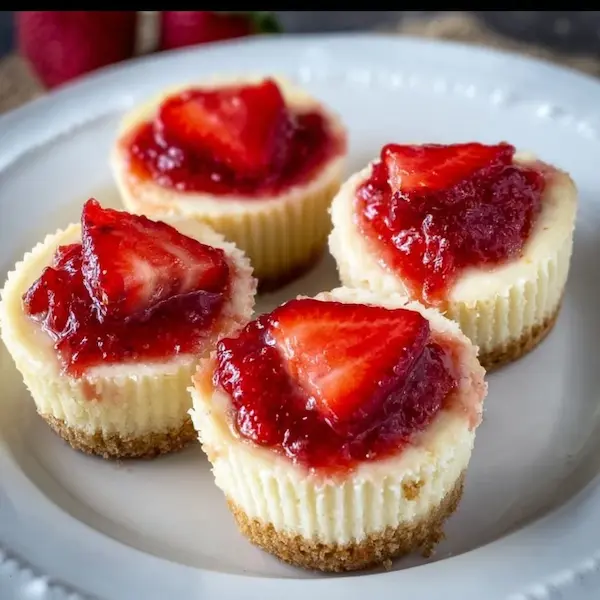 Mini strawberry cheesecakes served chilled with fresh fruit on top for a family dessert.