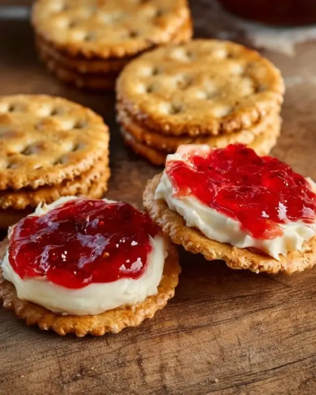 Cheese and jam cracker snacks served for family snack time