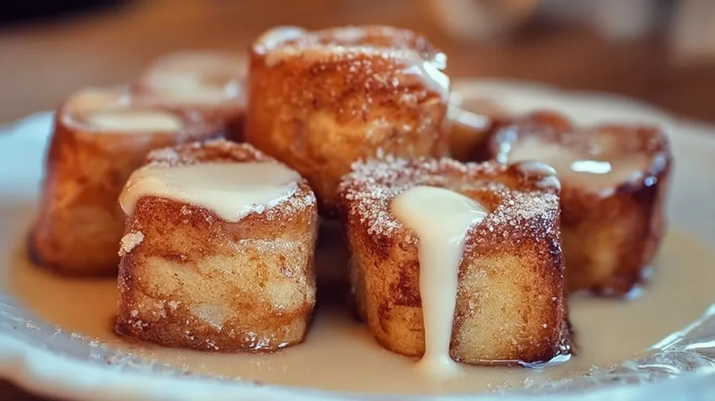Cinnamon Roll French Toast Bites served on a plate, drizzled with icing.