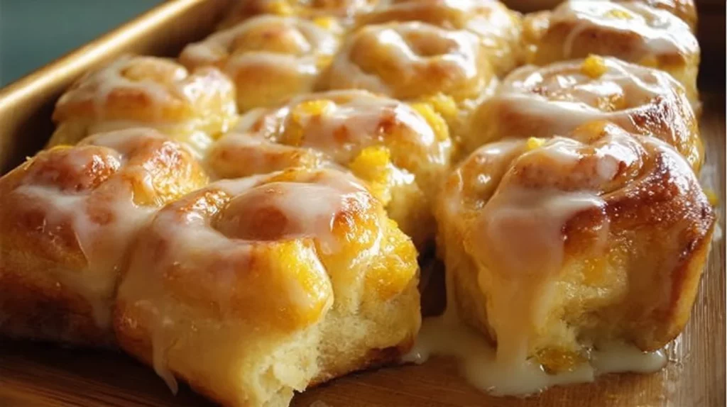 Delicious orange rolls with warm sour cream butter glaze on a plate