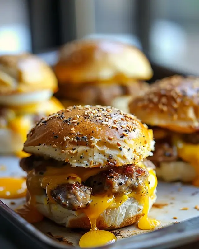 Ultra realistic vertical Pinterest composition of sausage and egg breakfast sliders stron